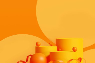 Sahnede yaz turuncu platformlu podyum. Kozmetik ve içecek ürünlerini gösterme aşaması. Sahne yazı modern 3D stüdyo turuncu platformunda