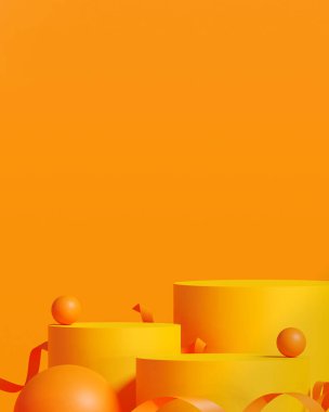 Sahnede yaz turuncu platformlu podyum. Kozmetik ve içecek ürünlerini gösterme aşaması. Sahne yazı modern 3D stüdyo turuncu platformunda