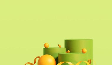 İlkbahar ve yaz yeşil platformlu kürsüde asgari düzeyde. Kozmetik ve içecek ürünlerini gösterme aşaması. Sahne yazları modern 3D stüdyo yeşil platformunda