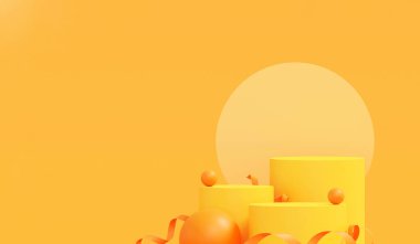 İlkbahar, yaz, yeşil ve sarı platformlu kürsüde asgari düzeyde. Kozmetik ve içecek ürünlerini gösterme aşaması. Sahne yazları modern 3D stüdyo yeşil platformunda