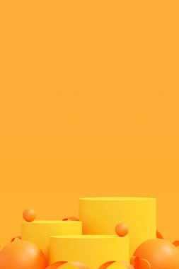 İlkbahar, yaz, yeşil ve sarı platformlu kürsüde asgari düzeyde. Kozmetik ve içecek ürünlerini gösterme aşaması. Sahne yazları modern 3D stüdyo yeşil platformunda