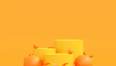 İlkbahar, yaz, yeşil ve sarı platformlu kürsüde asgari düzeyde. Kozmetik ve içecek ürünlerini gösterme aşaması. Sahne yazları modern 3D stüdyo yeşil platformunda