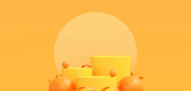 İlkbahar, yaz, yeşil ve sarı platformlu kürsüde asgari düzeyde. Kozmetik ve içecek ürünlerini gösterme aşaması. Sahne yazları modern 3D stüdyo yeşil platformunda