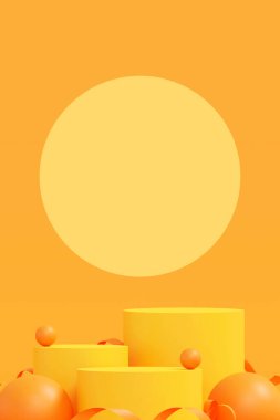 İlkbahar, yaz, yeşil ve sarı platformlu kürsüde asgari düzeyde. Kozmetik ve içecek ürünlerini gösterme aşaması. Sahne yazları modern 3D stüdyo yeşil platformunda