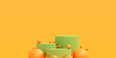 İlkbahar, yaz, yeşil ve sarı platformlu kürsüde asgari düzeyde. Kozmetik ve içecek ürünlerini gösterme aşaması. Sahne yazları modern 3D stüdyo yeşil platformunda