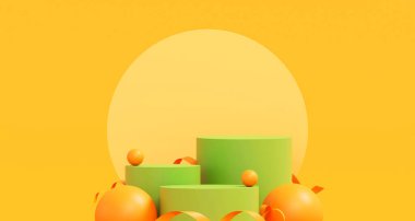 İlkbahar, yaz, yeşil ve sarı platformlu kürsüde asgari düzeyde. Kozmetik ve içecek ürünlerini gösterme aşaması. Sahne yazları modern 3D stüdyo yeşil platformunda