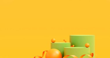 İlkbahar, yaz, yeşil ve sarı platformlu kürsüde asgari düzeyde. Kozmetik ve içecek ürünlerini gösterme aşaması. Sahne yazları modern 3D stüdyo yeşil platformunda
