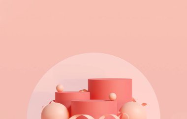 Kırmızı podyum, sahnedeki en az pembe platformlu yer. Kozmetik ve içecek ürünlerini gösterme aşaması. Sahne yazları modern 3D stüdyo tatlı pembe platformda