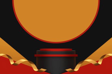Kara Cuma geçmişi. Siyah, kırmızı ve altın platformlu siyah podyum sahnededir. Ürün gösterme aşamasında. sahne siyahı modern 3D stüdyo karanlık platformunda