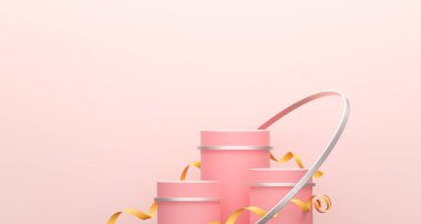 Sahnede en az pembe podyum ve tatlı kırmızı platform. Kozmetik ve içecek ürünlerini gösterme aşaması. Sahne yazı modern 3D stüdyo kırmızı platformunda