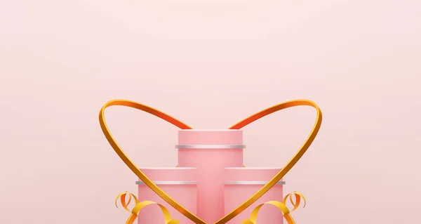 粉红的领奖台在舞台上最低限度地与甜蜜的红色平台 舞台展示化妆品和饮料产品 舞台夏季奠基处现代3D工作室红色平台 — 图库照片