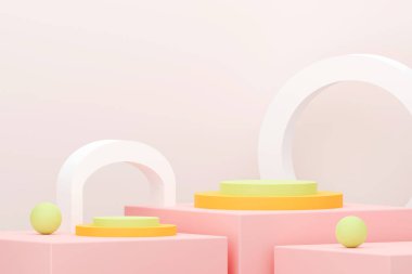 Sahnede en az pembe podyum ve tatlı kırmızı platform. Kozmetik ve içecek ürünlerini gösterme aşaması. Sahne yazı modern 3D stüdyo kırmızı platformunda