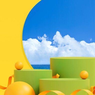 Sarı kürsüde, arka planda sarımsı yeşil bir platform var. Kozmetik ve içecek ürünlerini gösterme aşaması. Sahne yazları modern 3D stüdyo sarı platformda