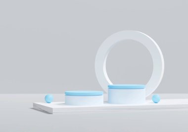 Beyaz ve mavi podyum, beyaz platformlu sahnede asgari düzeyde. Kozmetik ve mücevher ürünlerini göstermek için. Sahne, modern 3D stüdyo. 