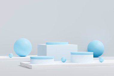 Beyaz ve mavi podyum, beyaz platformlu sahnede asgari düzeyde. Kozmetik ve mücevher ürünlerini göstermek için. Sahne, modern 3D stüdyo. 