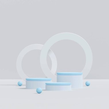 Beyaz ve mavi podyum, beyaz platformlu sahnede asgari düzeyde. Kozmetik ve mücevher ürünlerini göstermek için. Sahne, modern 3D stüdyo.