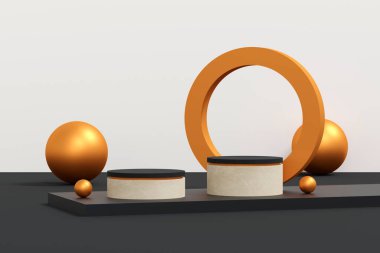 Siyah podyum, siyah ve goden platformlu sahnede asgari düzeyde. Kozmetik ve mücevher ürünlerini göstermek için. sahne siyahı modern 3D stüdyo karanlık platformunda