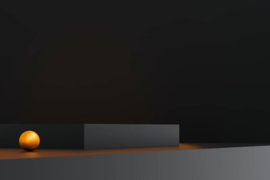 Siyah podyum, siyah ve goden platformlu sahnede asgari düzeyde. Kozmetik ve mücevher ürünlerini göstermek için. sahne siyahı modern 3D stüdyo karanlık platformunda