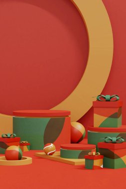 Kozmetik ürün sunumu için renkli daire sahne podyumu. Pastel renkli arka planda ürün modeli. Selamlama, kart, poster ve afiş modeli. 3B illüstrasyon