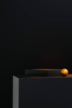 Siyah podyum, siyah ve goden platformlu sahnede asgari düzeyde. Kozmetik ve mücevher ürünlerini göstermek için. sahne siyahı modern 3D stüdyo karanlık platformunda