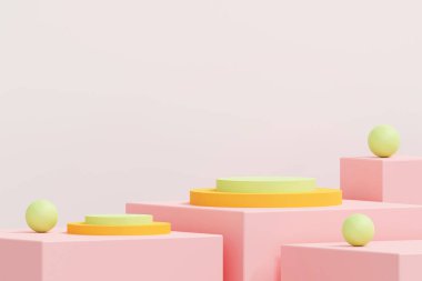 Sahnede en az pembe podyum ve tatlı kırmızı platform. Kozmetik ve içecek ürünlerini gösterme aşaması. Sahne yazı modern 3D stüdyo kırmızı platformunda