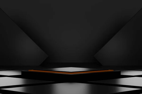 black geometric stage podium and neon light. dark scientific background.stage to show product. stage black on pedestal modern 3d studio dark platform. 3D illustration