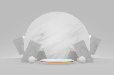 Beyaz arka planda beyaz mermer yuvarlak podyum. Yeni ürün için konsept sahne gösterisi, promosyon satışı, afiş, sunum, kozmetik. Kopyalama alanı ile - 3B illüstrasyon
