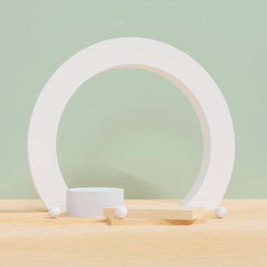 Kozmetik ve gıda konsepti. Geometrik formların olduğu en küçük sahne. Silindir podyum görüntüleme ve gümüş top ya da pastel renkli arka plan ürünü için maket. Metin için boşluk. 3B illüstrasyon