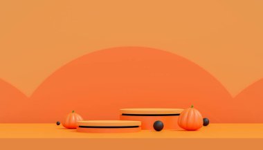 Cadılar Bayramı arkaplanı. Sahnede kırmızı ve mor platformlu renkli bir podyum. Ürün gösterme aşamasında. Sahne, modern 3D stüdyo. 