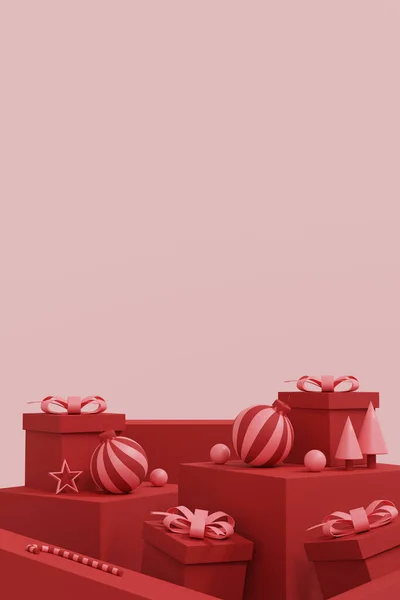 メリークリスマスバナー ポスターやカバーデザインの背景 コピースペース付きのクリスマススタジオテーブルルーム製品ディスプレイ 3Dイラスト — ストック写真