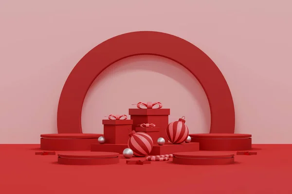 メリークリスマスバナー ポスターやカバーデザインの背景 コピースペース付きのクリスマススタジオテーブルルーム製品ディスプレイ 3Dイラスト — ストック写真