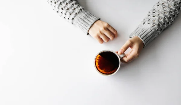 Woman Hands Holding Cup Coffee White Table Background Top View — Stock Photo, Image