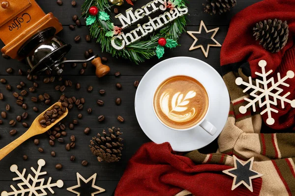 Cup Coffee Christmas Decorations Black Wooden Table Top View — Stock Photo, Image