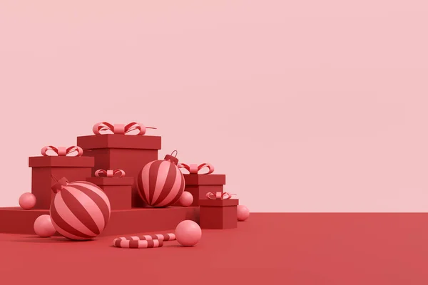 メリークリスマスと幸せな新年のバナーデザイン ポスターやカバーデザインの背景 コピースペース付きのクリスマススタジオテーブルルーム製品ディスプレイ 3Dイラスト — ストック写真