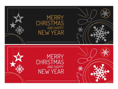 Kırmızı ve Siyah Noel Arkaplanı, Kesik Altın Folyo Yıldızları ve Gümüş Kar Tanelerinden oluşan Sınır. Mutlu Noeller Modern tebrik kartı vektörü tasarımı