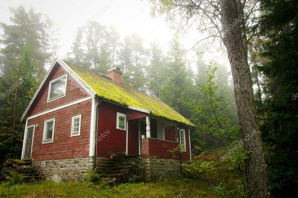 Old red cottage in the forest