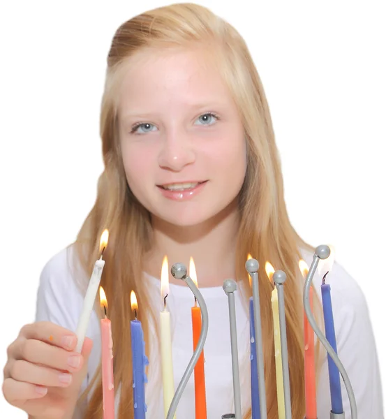 ハヌカ カード、キャンドルで若いユダヤ人の少女 — Stockfoto