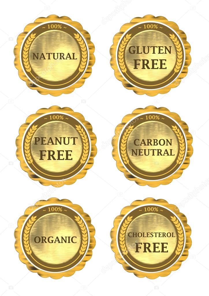 Diet icon collection - Gluten free, peanut free, carbon neutral, natural, cholesterol free, organic. Can be used as a stamp, emblem, seal, badge, on a packaging etc. Elegant design.