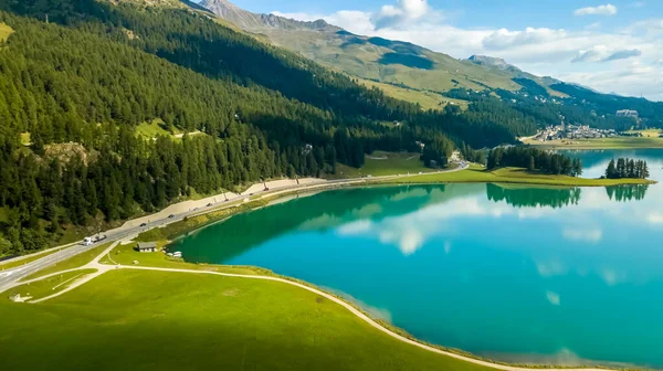 Lake Silvaplana Zwitserland Drone Aanzicht — Stockfoto