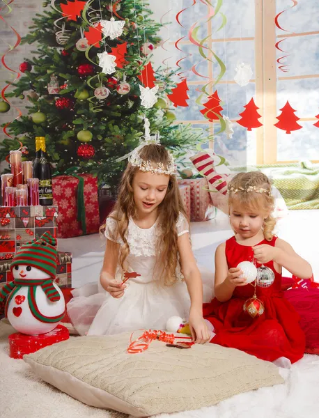 Christmas New Year Scene Beautiful Girls Sisters Christmas Interior — Stock Photo, Image