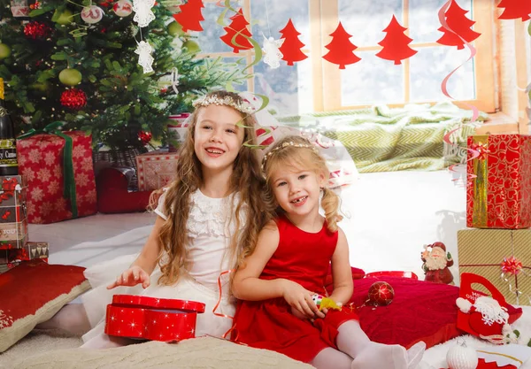 Christmas New Year Scene Beautiful Girls Sisters Christmas Interior — Stock Photo, Image