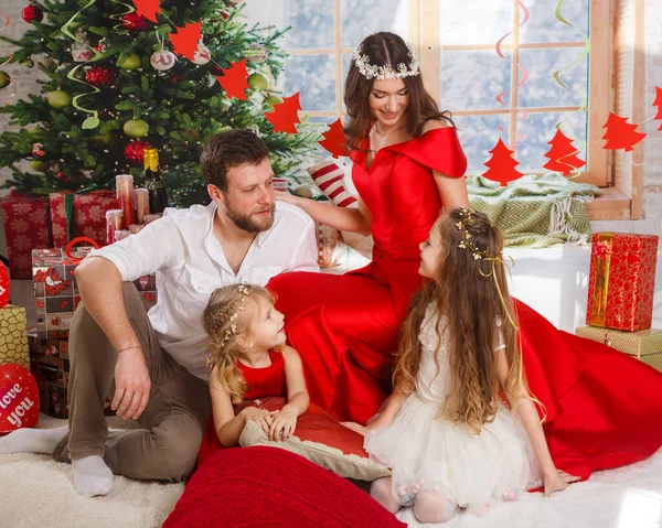 Christmas New Year Scene Happy Family Christmas Gifts Home — Stock Photo, Image