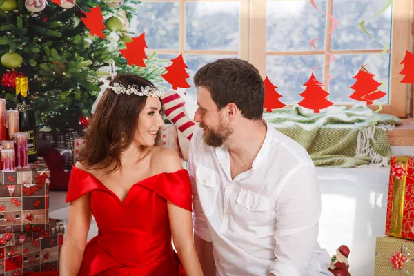 Christmas New Year Scene Happy Couple Christmas Gifts Home — Stock Photo, Image