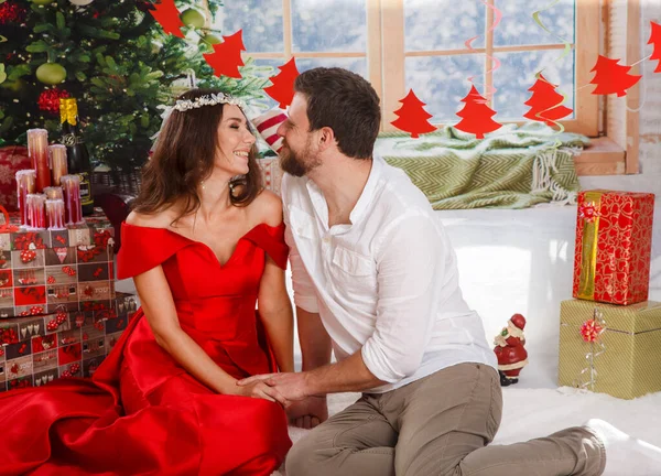 Christmas New Year Scene Happy Couple Christmas Gifts Home — Stock Photo, Image