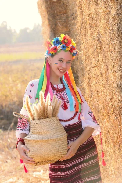 Beautiful Ukrainian Girl National Costume Vyshyvanka Field Sunset Celebrating Victory — Stok fotoğraf