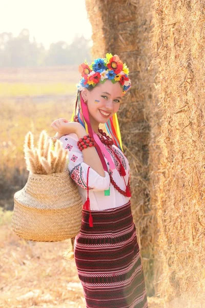 Beautiful Ukrainian Girl National Costume Vyshyvanka Field Sunset Celebrating Victory — Zdjęcie stockowe