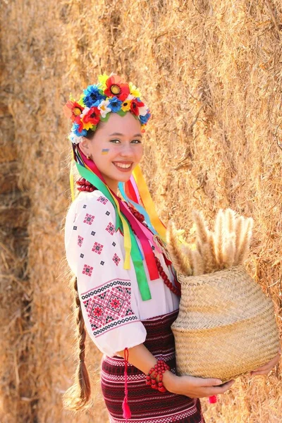 Beautiful Ukrainian Girl National Costume Vyshyvanka Field Sunset Celebrating Victory — Foto Stock