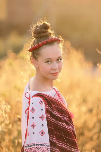 Prachtig Oekraïens Meisje Nationaal Kostuum Vyshyvanka Het Veld Bij Zonsondergang — Stockfoto