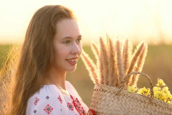 Beautiful Ukrainian Girl National Costume Vyshyvanka Field Sunset Celebrating Victory — Stockfoto