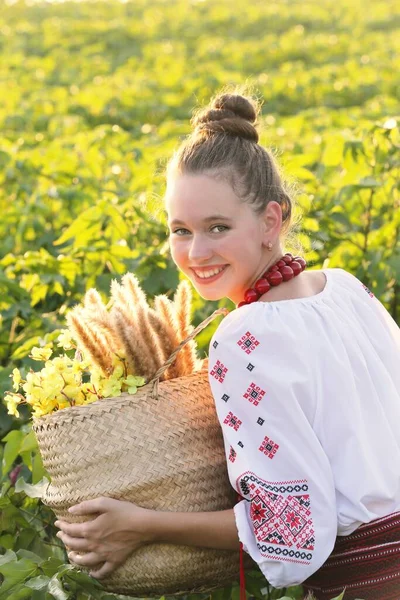 Beautiful Ukrainian Girl National Costume Vyshyvanka Field Sunset Celebrating Victory — Zdjęcie stockowe